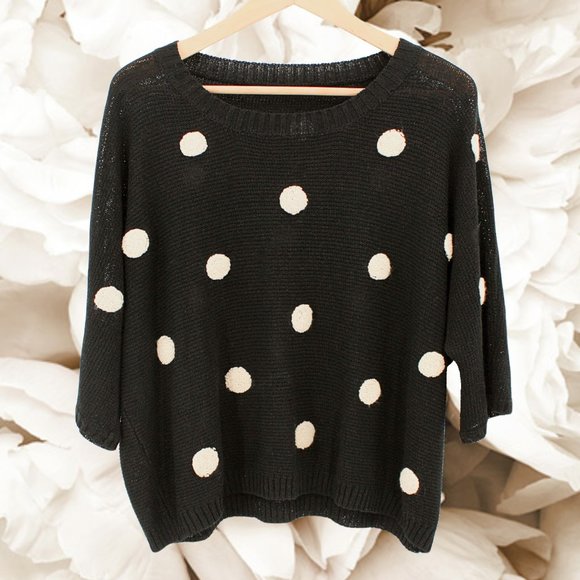 Unbranded Sweaters - Cropped Knit Polka Dot Sweater Black Cream Boxy